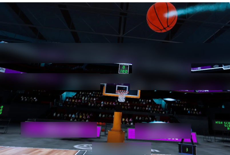 First-person view inside the VR basketball arena, lining up a free throw